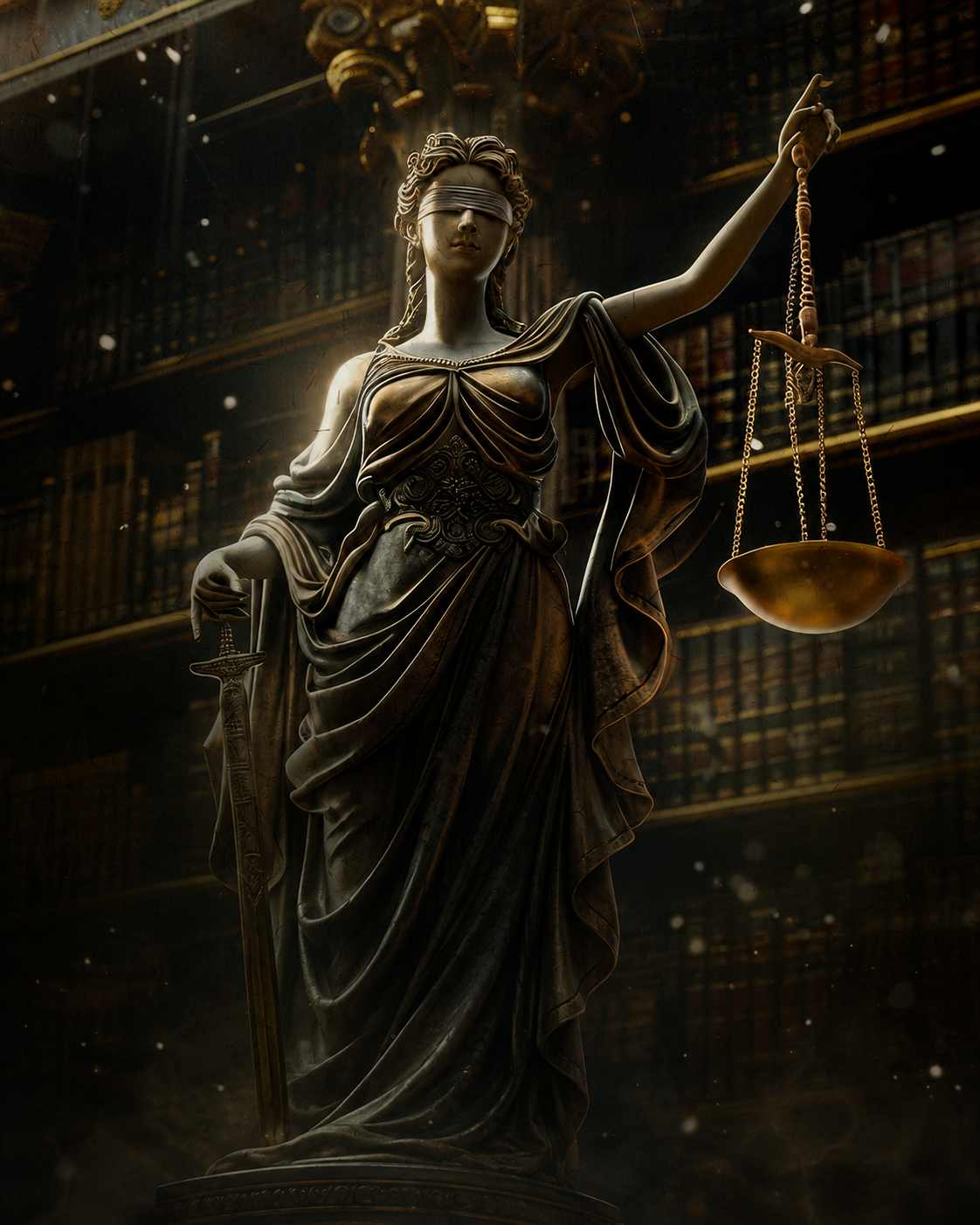 Estátua da Justiça com balança e espada, simbolizando atuação jurídica estratégica
